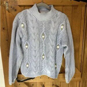 Vintage Pure Designs Women's S Sweater Hand‎ Knitted Baby Blue Periwinkle Floral